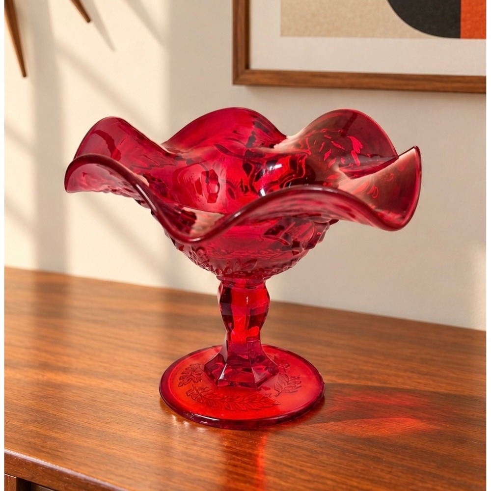 Vintage Viking Glass Ruby Red Diamond Compote Ruffled Pedestal Bowl MCM Decor
